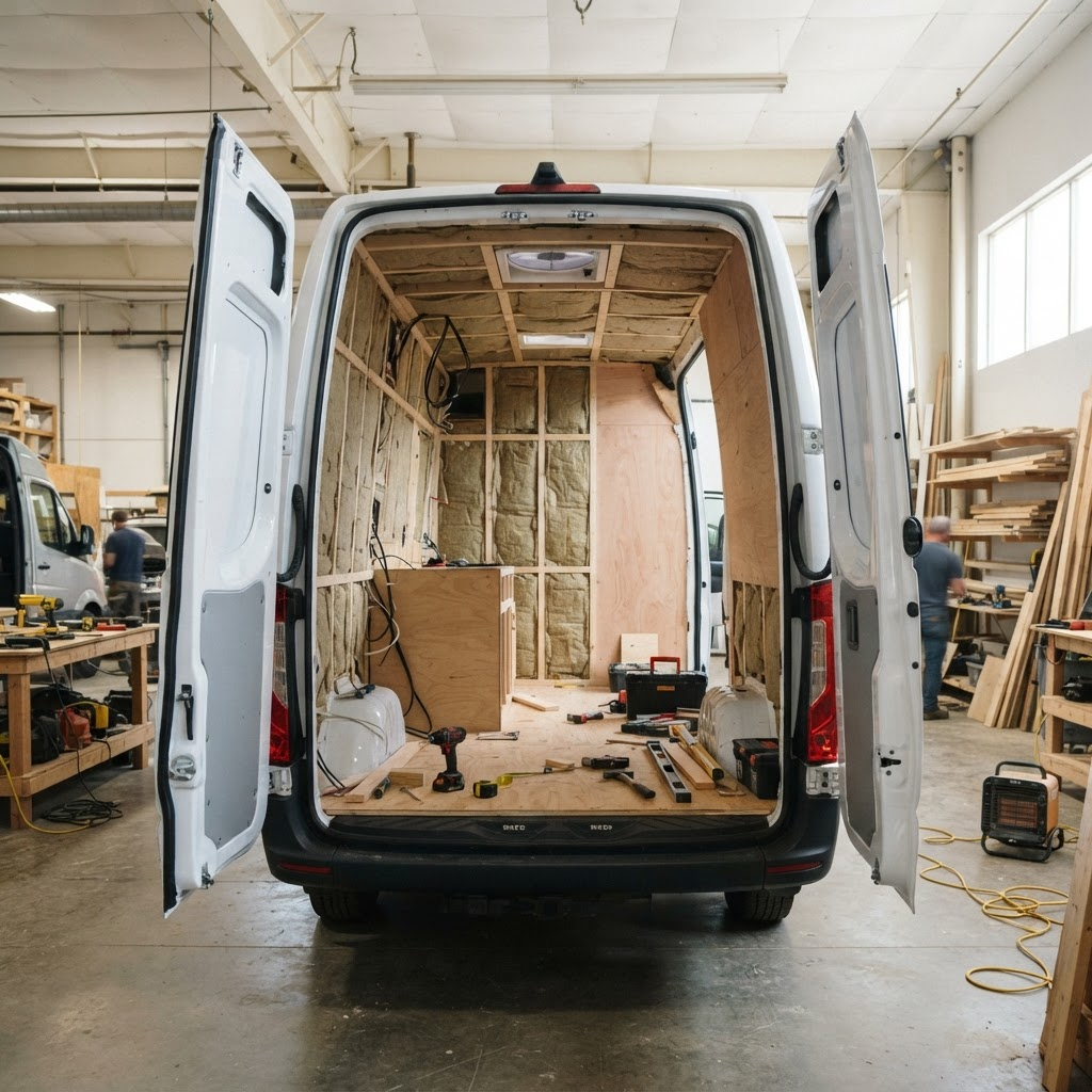 A camper van conversion in progress with exposed framing and insulation