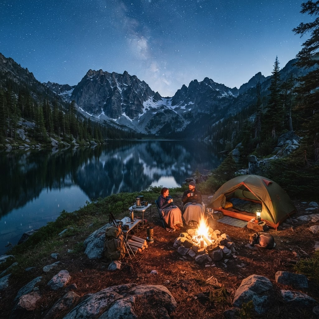 A hidden campsite next to an alpine lake surrounded by mountains at dusk