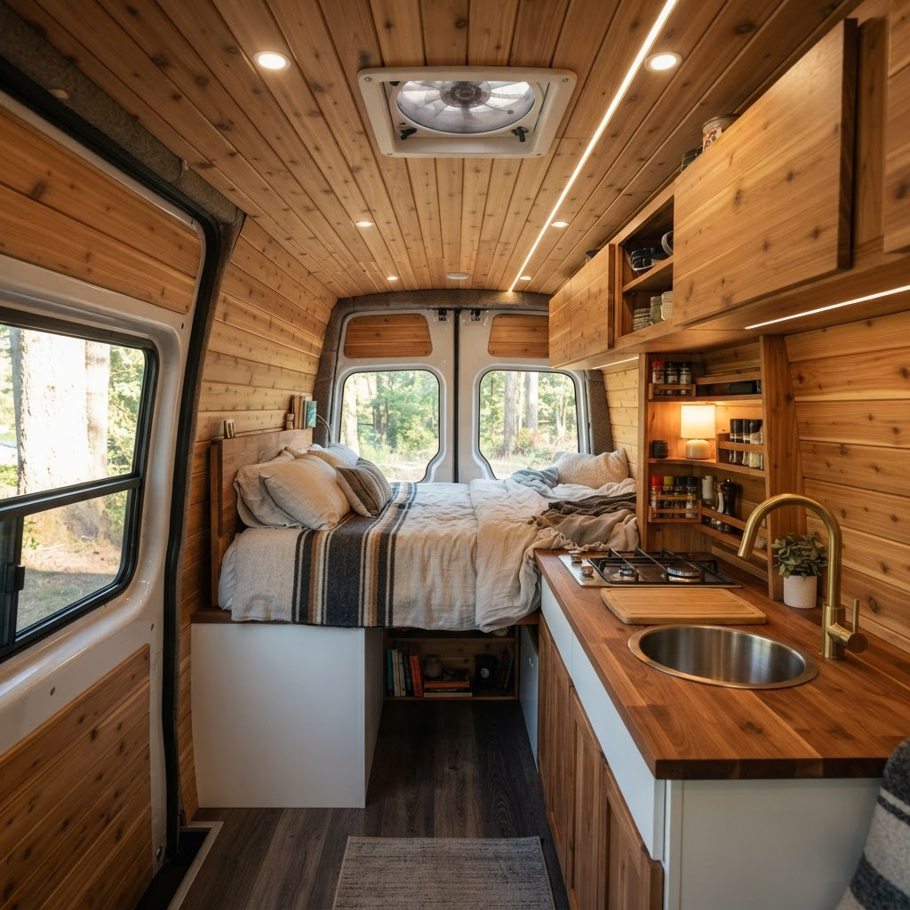 Interior of a finished camper van with warm wood cabinetry and a cozy bed