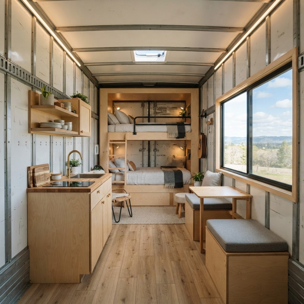 Spacious minimalist box truck tiny home interior with a large window
