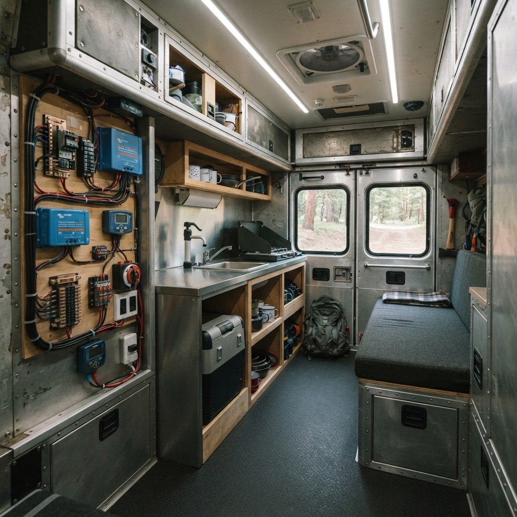 Rugged off-grid ambulance camper interior with electrical and solar controls