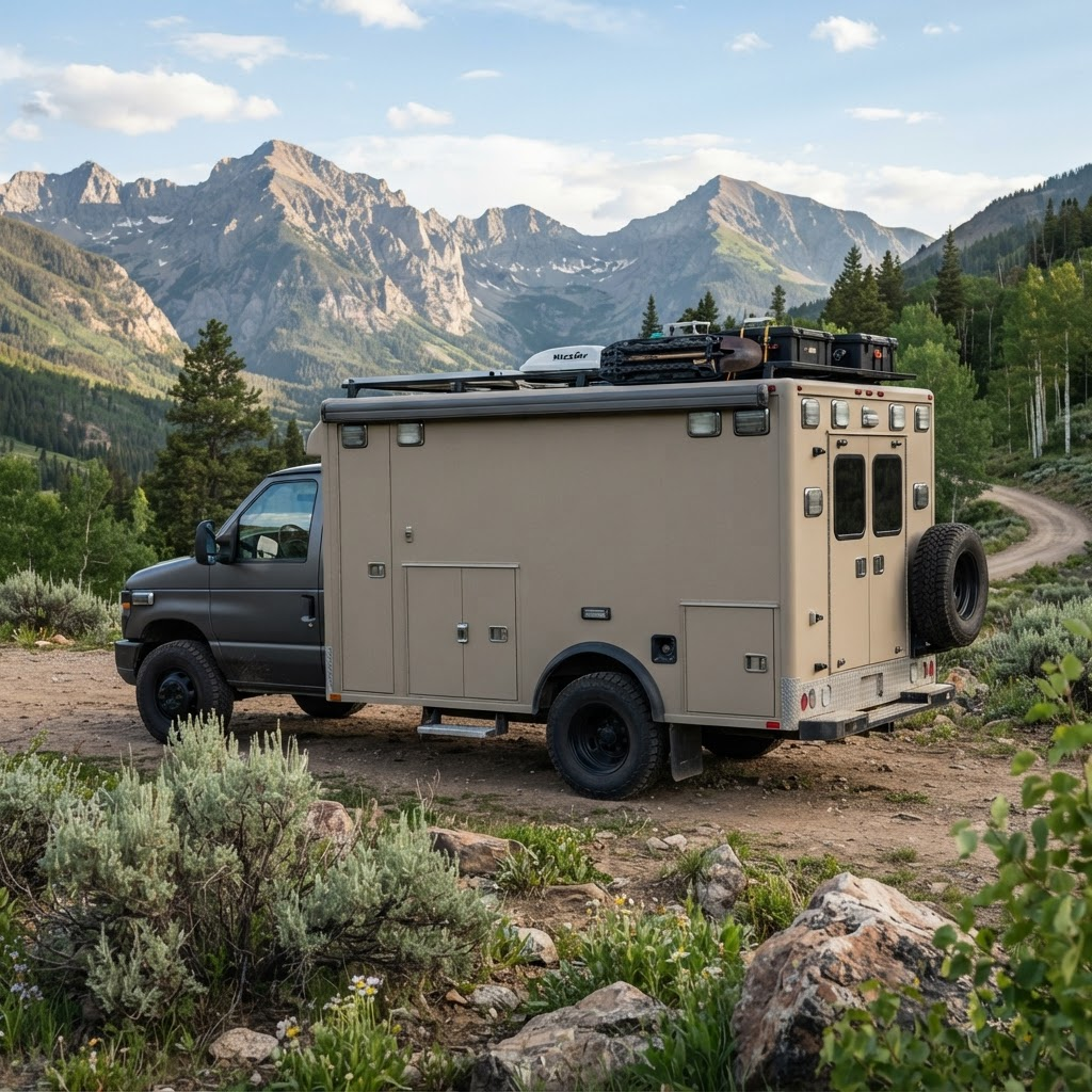A retired ambulance converted into an off-grid camper near mountains
