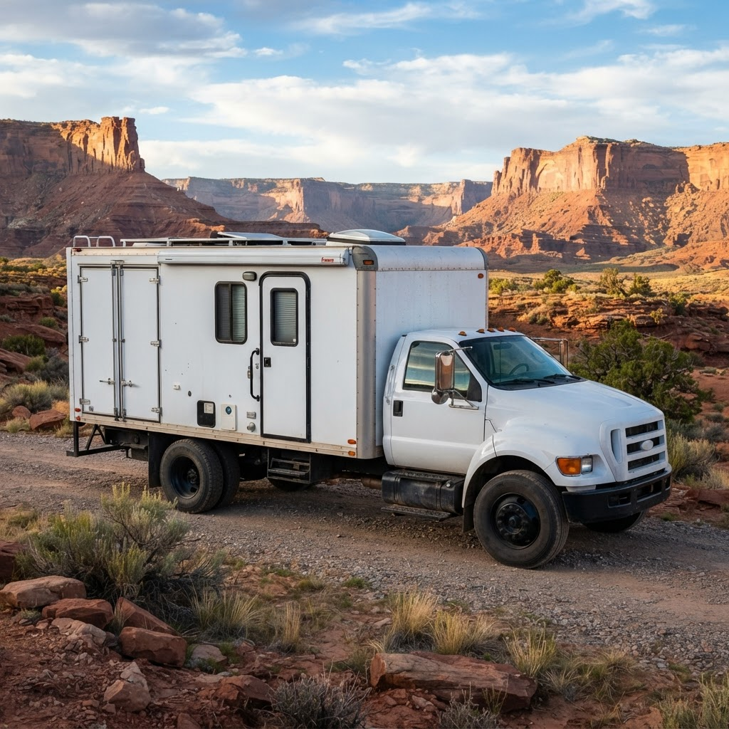 A box truck converted into a tiny home camper in the desert