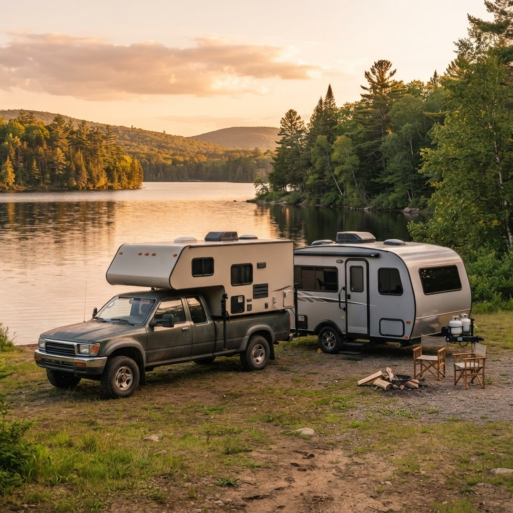A truck-bed camper and towable travel trailer at a lakeside campsite