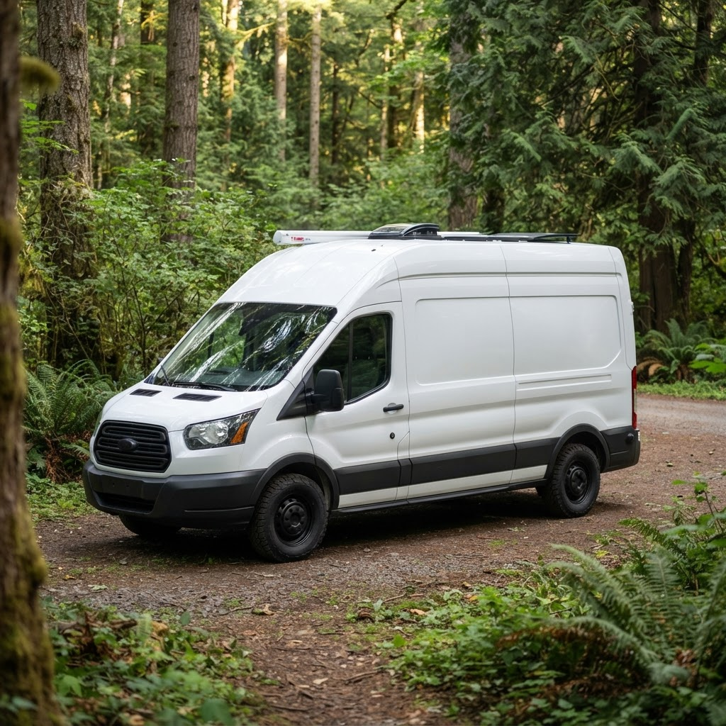 A converted cargo van camper parked in a forest