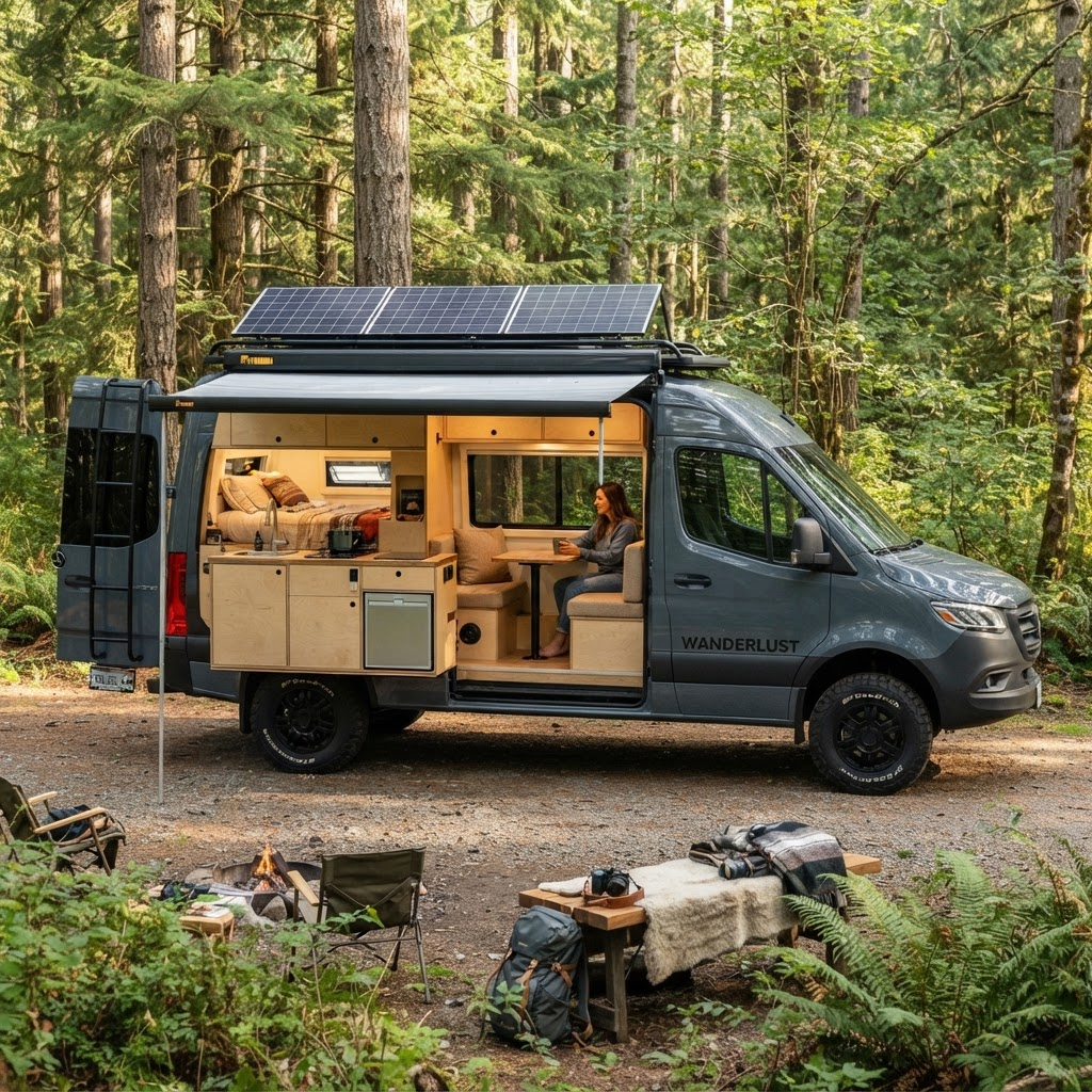 A converted Mercedes Sprinter camper van with solar panels in a forest clearing